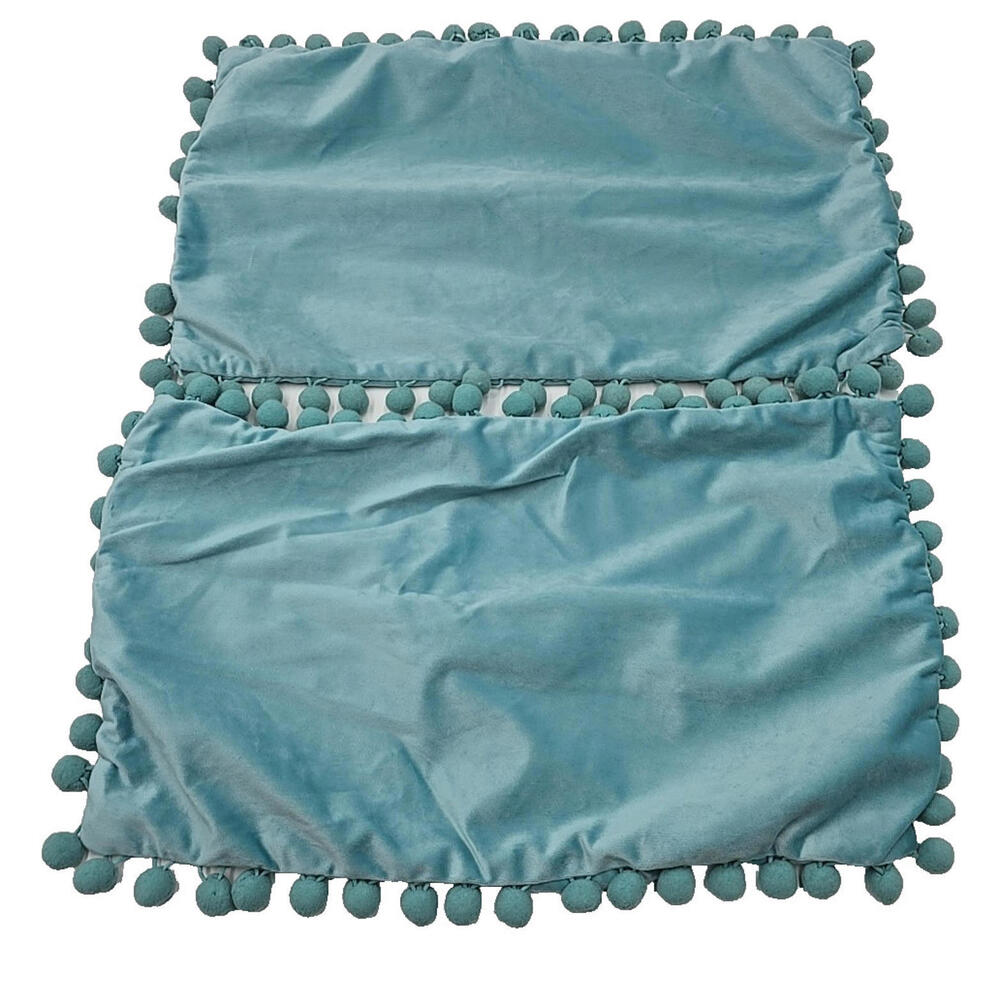 2 Velvet Throw Pillow Covers Mint Green‎ Pompom 70's Pillowcases 12x20